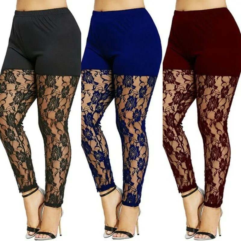 Size 4XL Leggings for Women High Waist Pencil Pants Skinny Lace Hollow Out  Floral Tight Trouser Casual Women Homewear