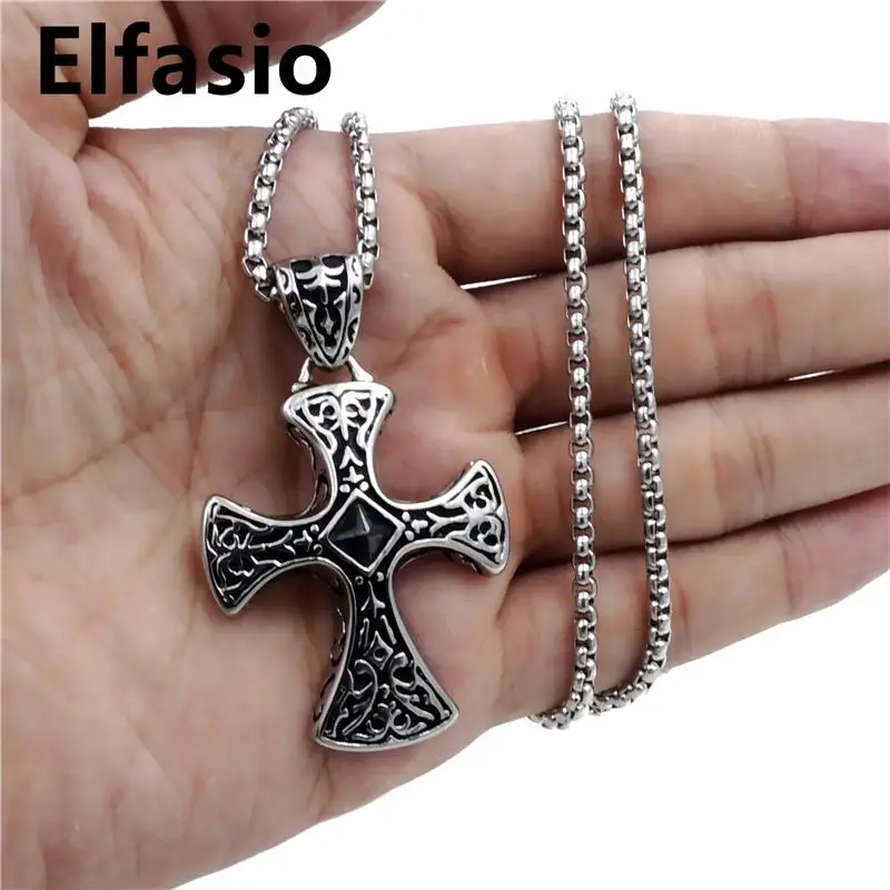 Elfasio Mens Boys Celtic Black CZ Cross Stainless Steel Pendant Necklace with 18-30inch Box Chain Vintage Jewelry
