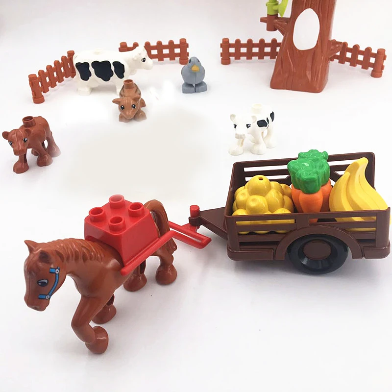 Big Size Building Blocks Farm Work Scene Horse Cow Rabbit Animals Accessories Bricks Compatible With Cart Trailer Toys For Kids