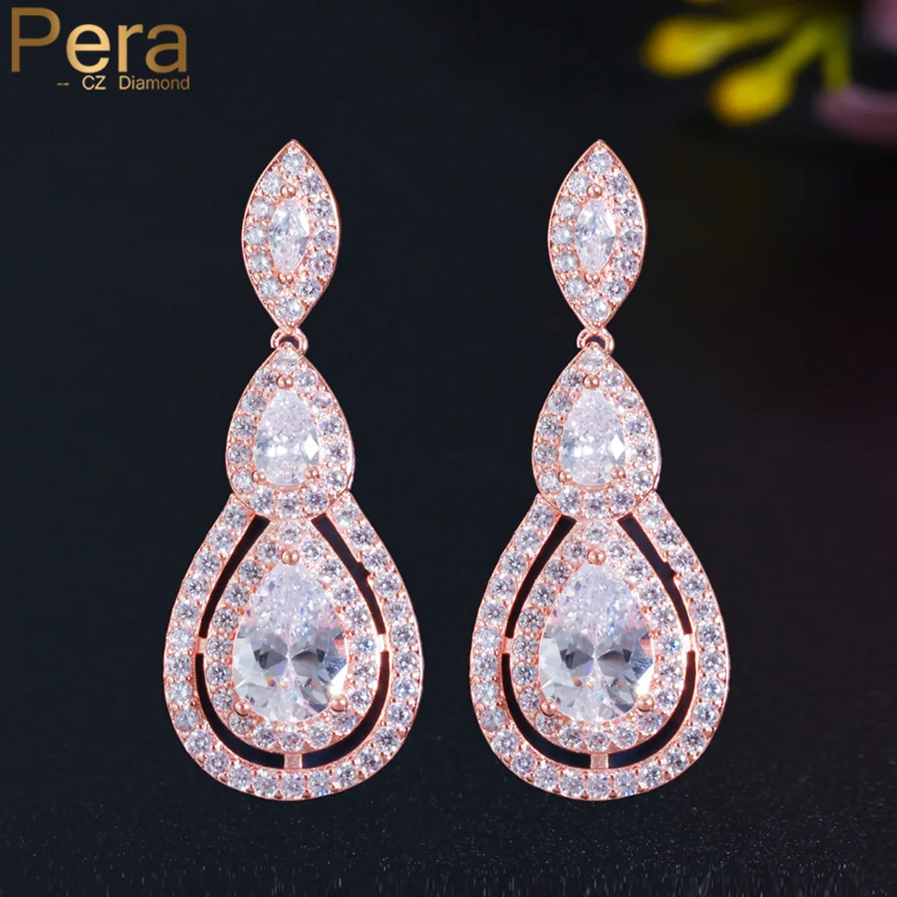 Pera Rose Gold Colour CZ Stone Dangle Big Water Drop Long Crystal Bridal Earrings for Brides Wedding Party Jewelry Brinco E740