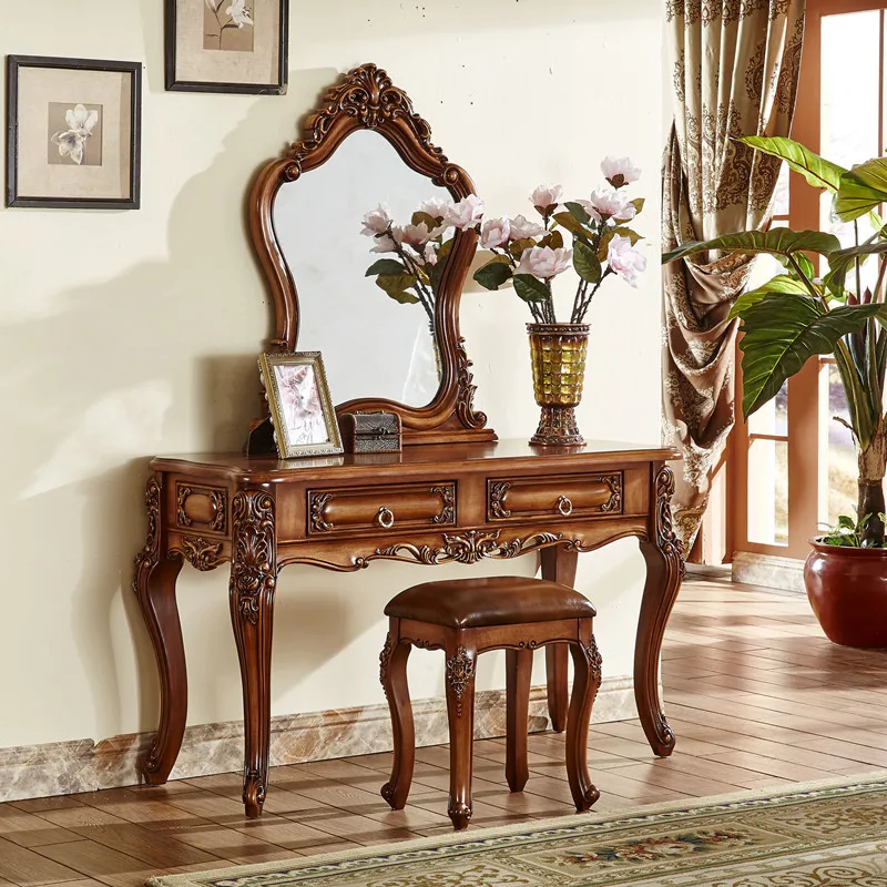 European Style Dressing Table Villa Furniture American Style Bedroom Vanity Mirror Solid Carved Antique Color Dressing Table