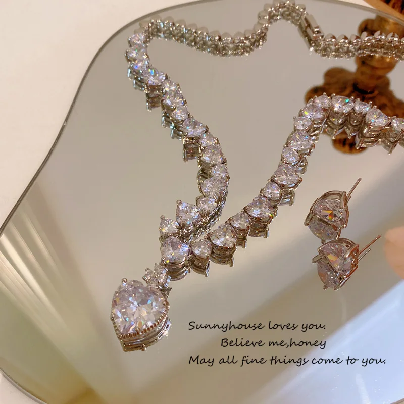 Bridal Jewelry Sets For Women S925 Sterling Cubic Zirconia Heart Necklaces Pendants Earrings for Wedding Fine Accessories