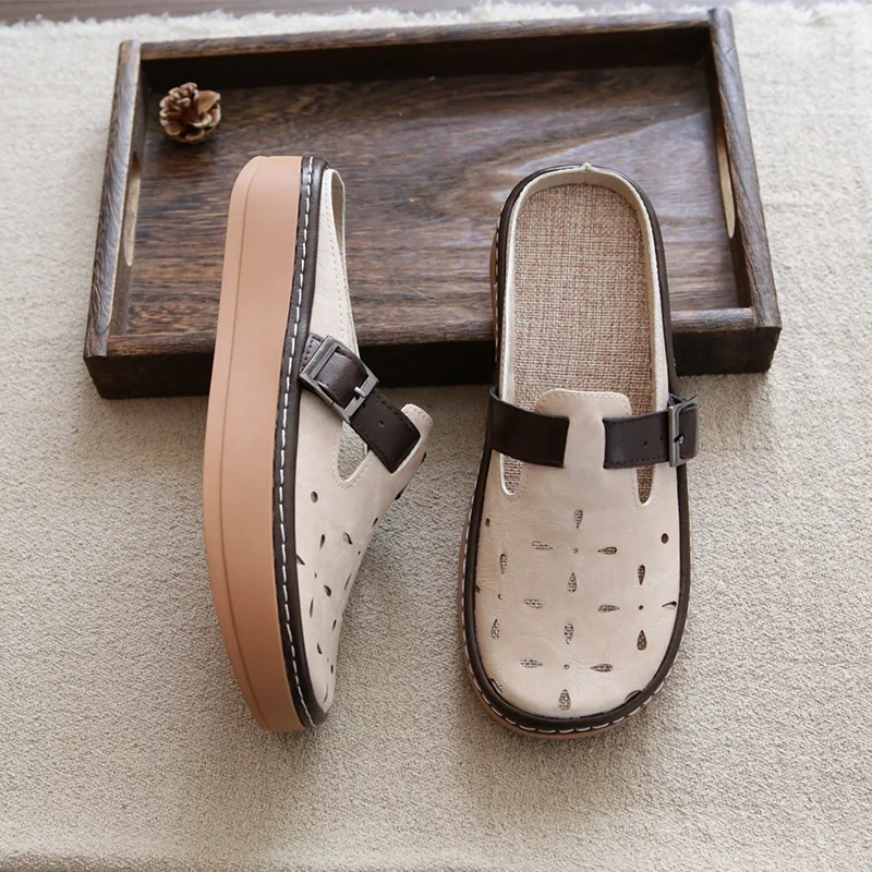 Careaymade-Thick soled slippers women\'s summer outdoor hollow out linen breathable belt buckle sandals hand sewn big sandals