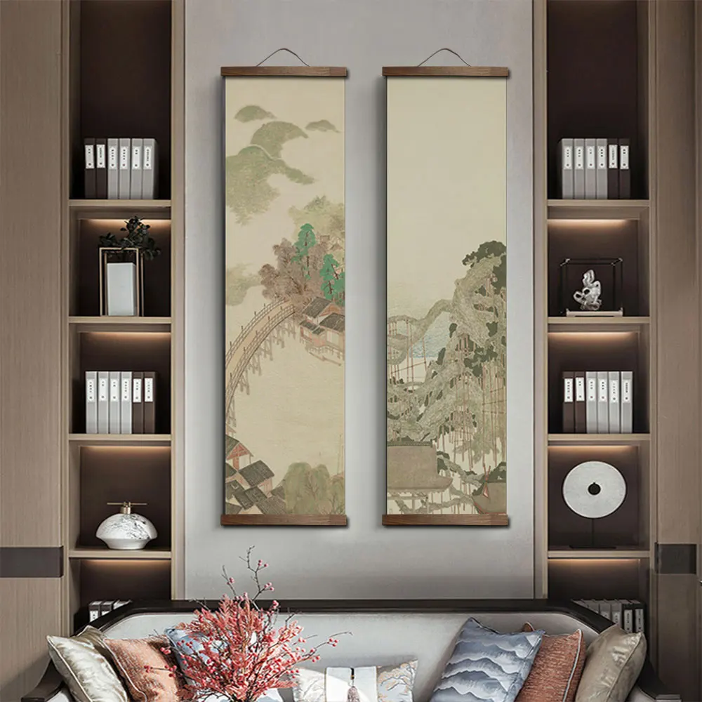 Japanese Style Ink Landscape Alpine Canvas Decorative  Bedroom Living Room Wall Art Posters Chinese Solid Wood Scroll Paintings