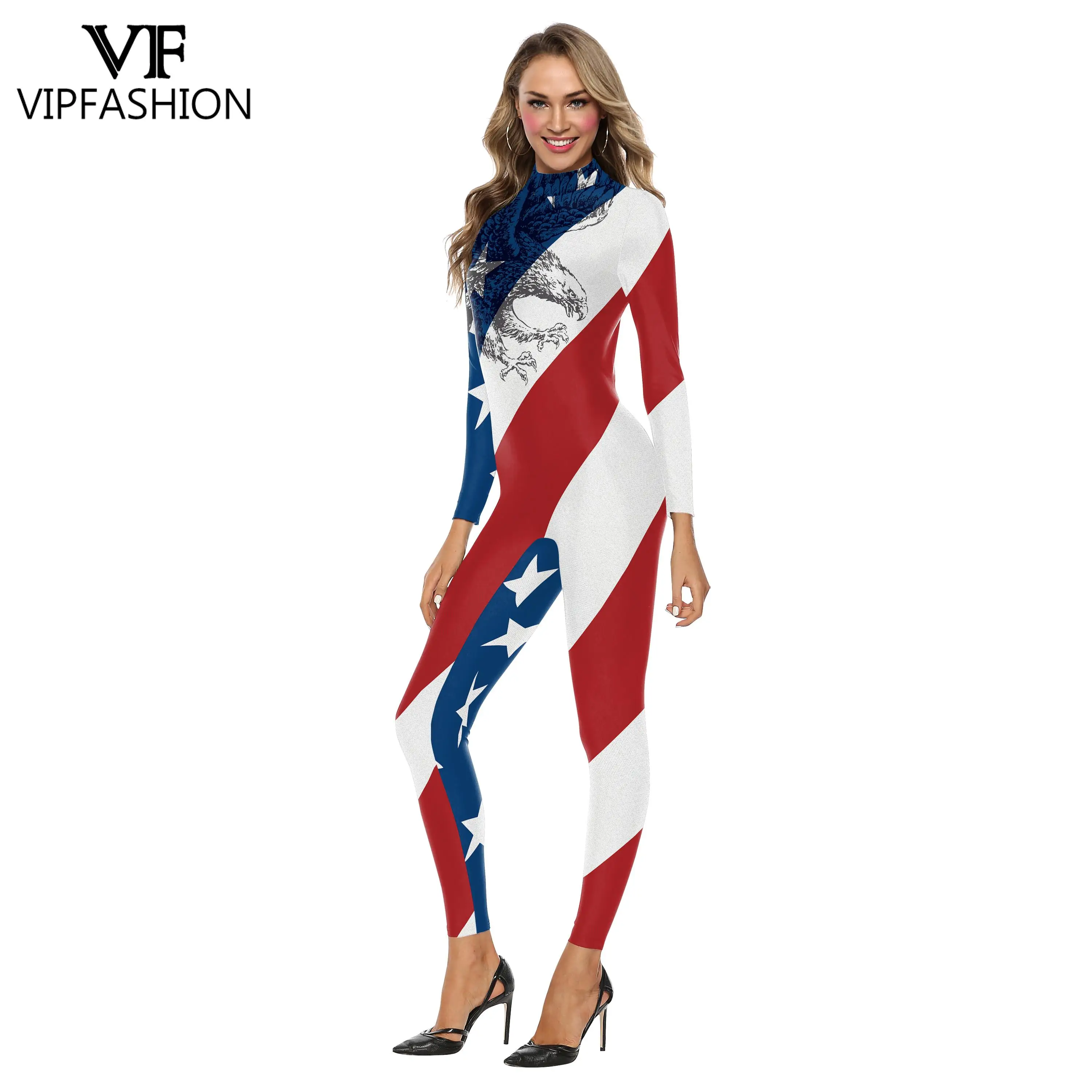 VIP FASHION Independence Day Costume Women US Flag Printed Bodysuit Sexy Zentai Suit Girls Holiday Clothes Party Jumpsuit