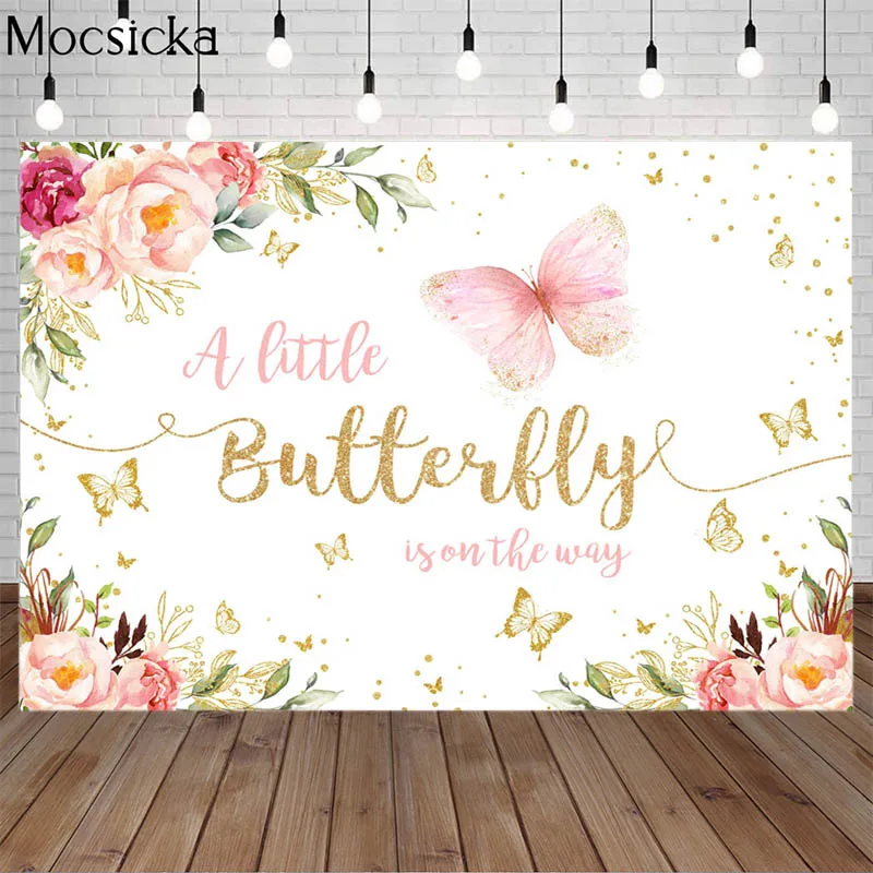 

Newborn Butterfly Baby Happy Birthday Backdrops Pink Flower Child Girl 1st Birthday Party Baby Shower Photo Background Photozone