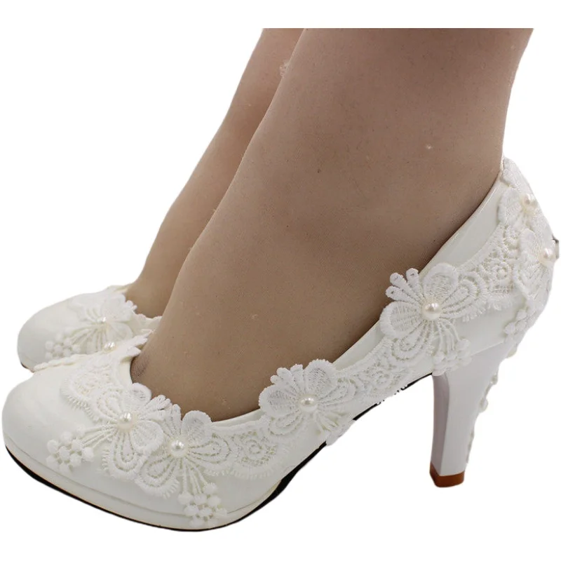 Fashion high heel PU single lace wedding shoes waterproof platform women\'s shoes Bride wedding dress white 8cm high heels wBH167