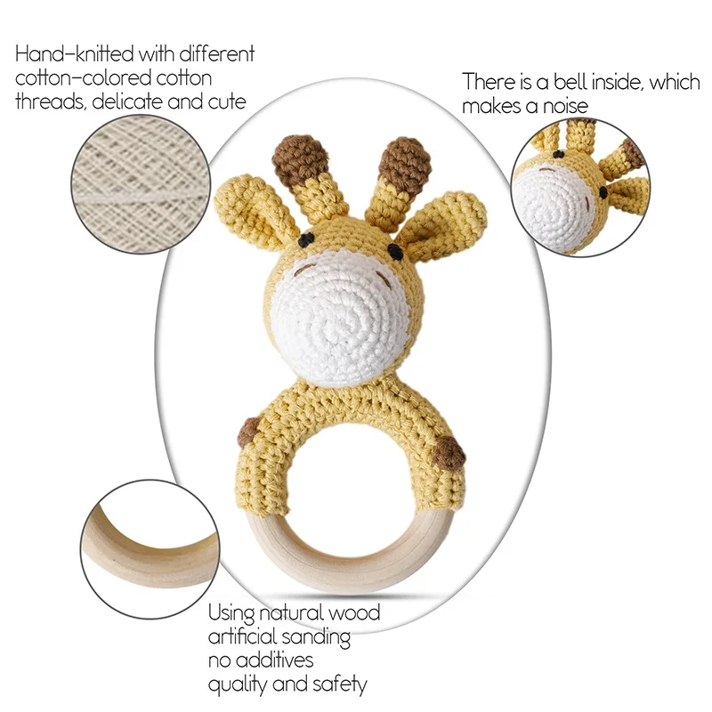 Baby Rattle Toys For Children 1Pc Smooth Beech Wood Teething Crochet Elk Fox Bear Teether Montessori Educational Toys For Kids