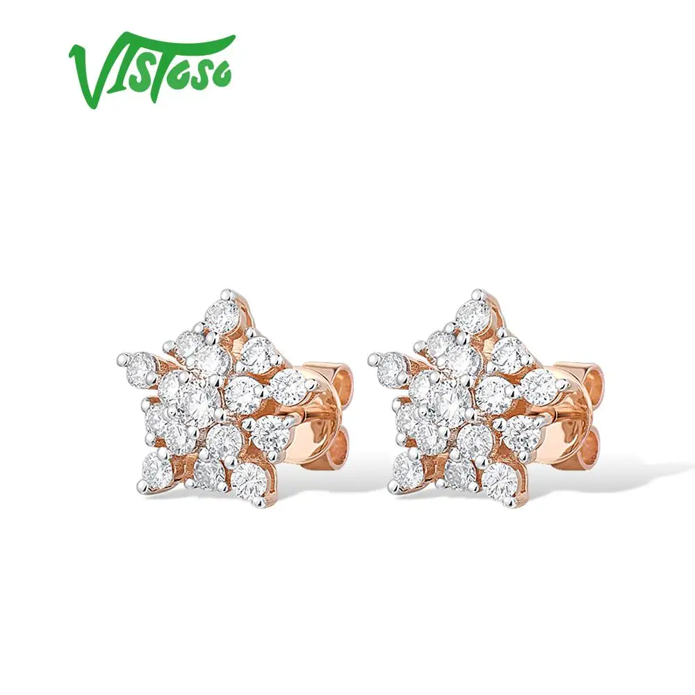 VISTOSO Gold Earrings For Women 14K 585 Rose Gold Sparkling Diamond Dainty Star Stud Earrings Fashion Trendy Party Fine Jewelry