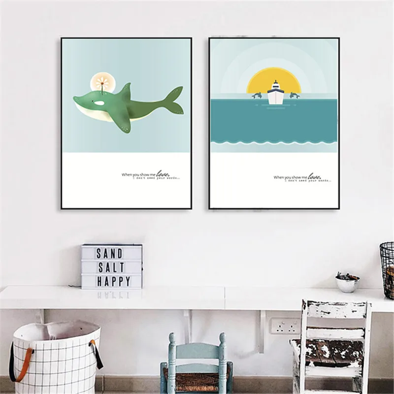 Nordic Canvas Painting Cute Animal Dolphin Picture Decor Home Nordic Seascape Canvas Painting Art Wall Living Room Bedroom Decor