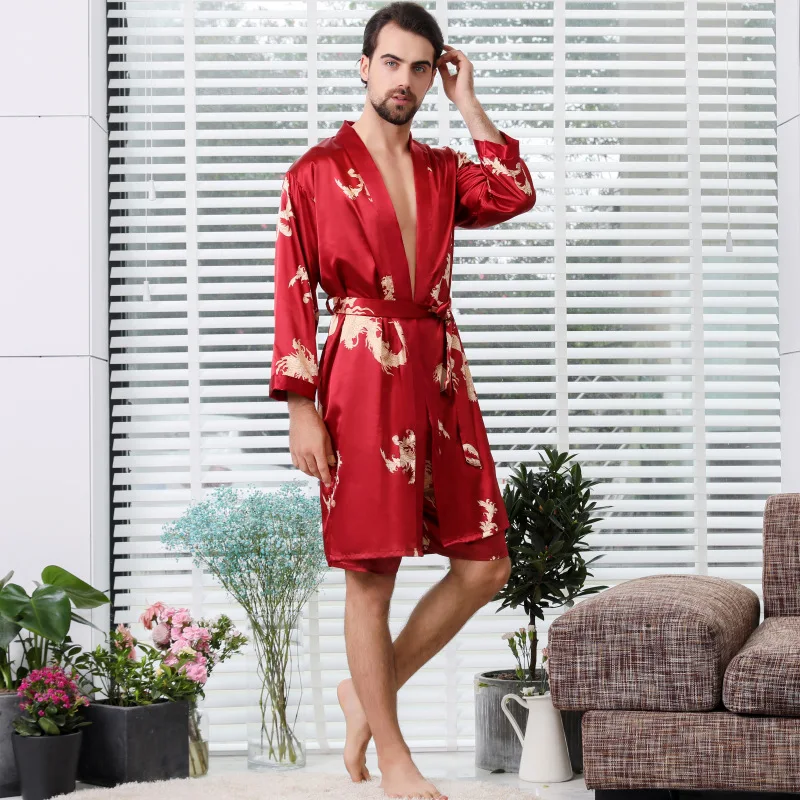 Rob-Conjunto de Kimono para hombre, ropa de dormir con cinturón elástico, traje de dos piezas de seda de dragón chino, pijama con pantalones cortos,