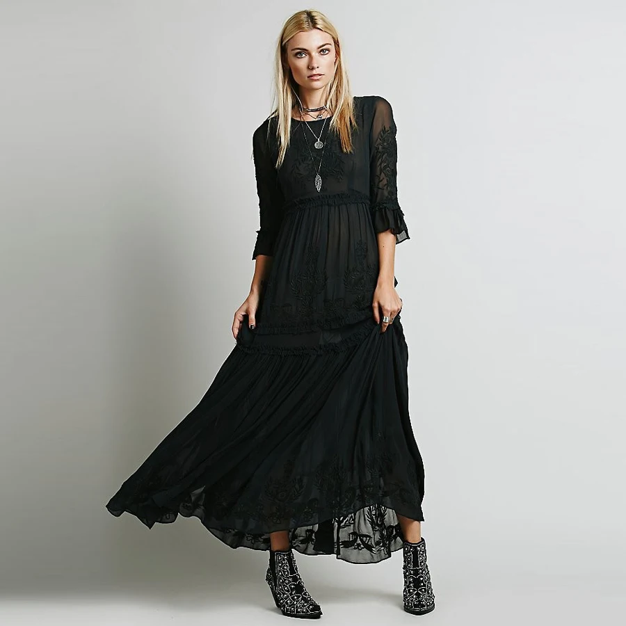 

TEELYNN Flare Sleeve Bohemian Maxi Dresses women 2021 Elegant floral Embroidery Boho Dress Ruffle Female boho Beach Vestidos