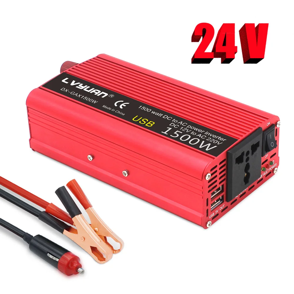 24V to 220V 230V Inverter 1500W/2000W Portable Solar Power Invertor Voltage Converter Universal Socket Auto Accessories