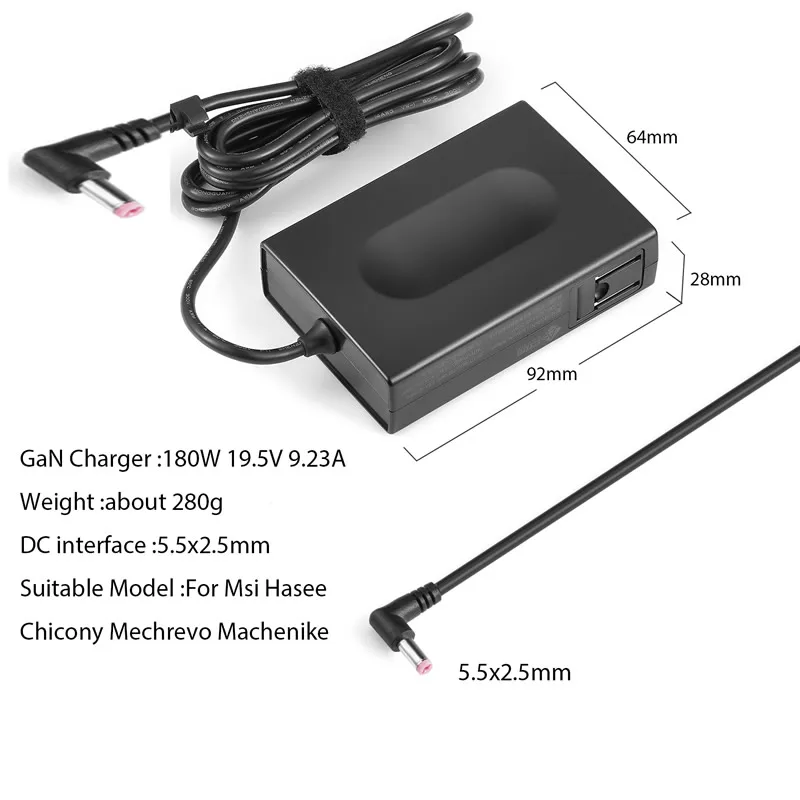 

GaN 180W AC Adaptor 5.5x2.5mm For Gaming Laptop Msi Hasee Chicony Mechrevo 19.5V 9.23A Portable Laptops Charger