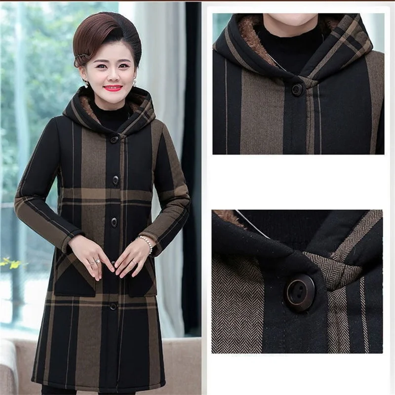 2022Size 5XL Velvet Thick Cotton Winter Padded Jacket Middle-Aged And Elderly Women's Parka Long Mother's Hooded Coat Grid parka
