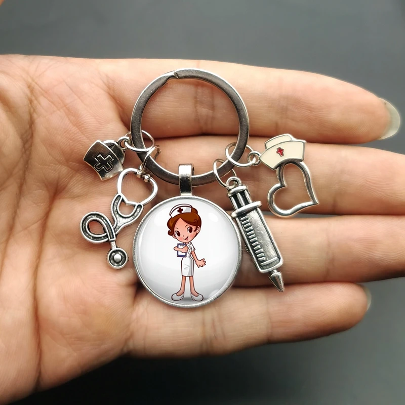 New/high quality 1 piece nurse medical syringe stethoscope image keychain glass cabochon and glass dome key ring pendant gift.