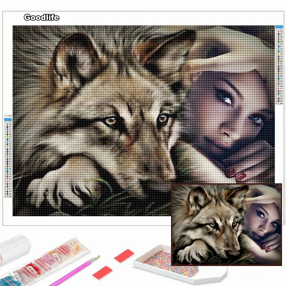 

5D DIY Diamond Painting Wolf Woman Character Mosaic Embroidery Full Drill Cross Stitch Animal Handicraft Rhinestone Home Decor