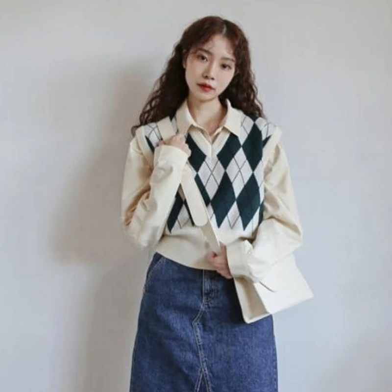 Sweater Vest Women Argyle College Style Harajuku Lovely Girl Sleeveless Outerwear Ins Trendy V-neck Cropped Female Knitwear Fall