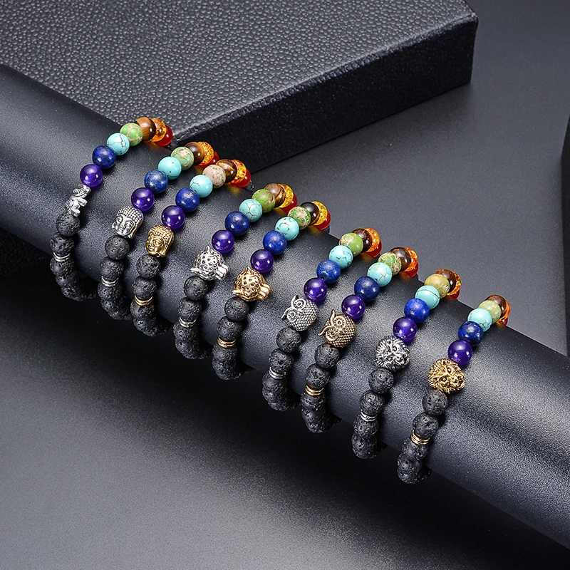 8mm Chakra Bracelet Lava Rock Stone Lion Leopard Head Bracelet Owl Buddha Bead Natural Stone Bracelet for Men Women Yoga Jewelry