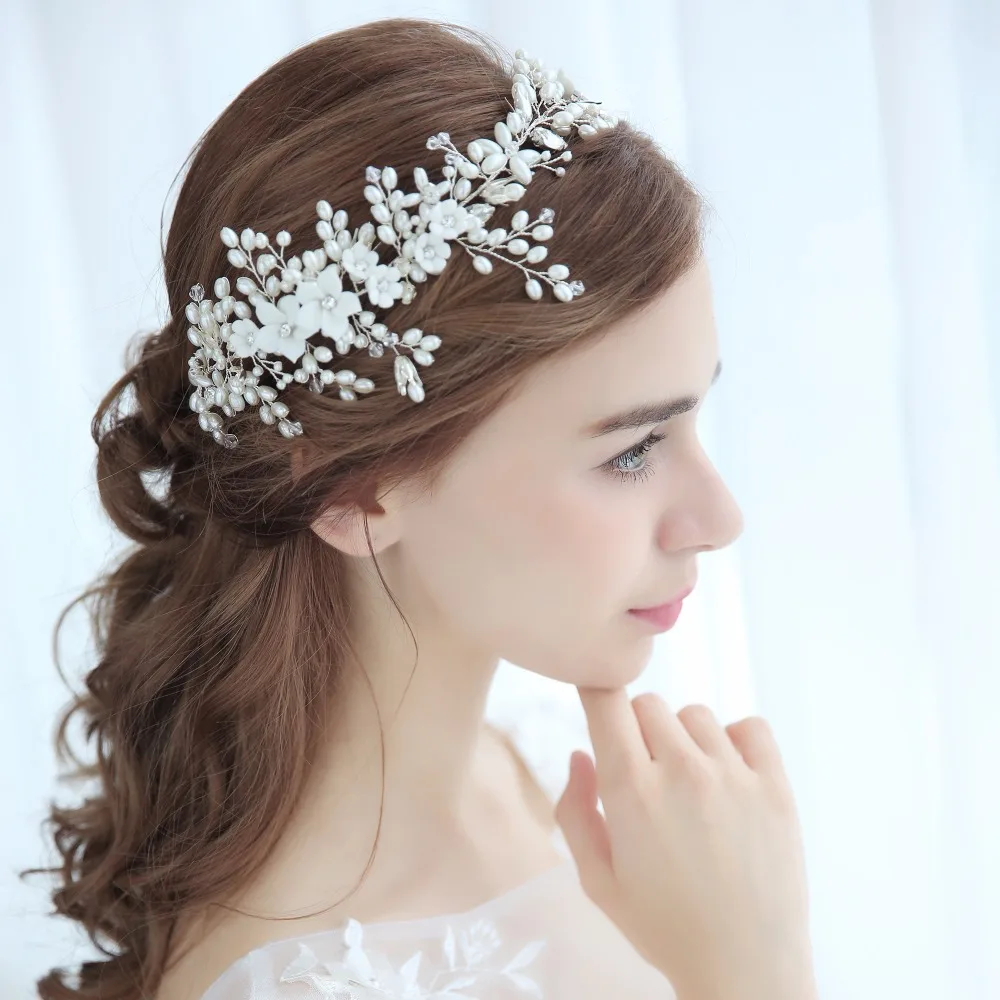 

Bridal Flower Headband Pearl Crystal Wedding Hair Vine Bridal Headpiece Hair ornaments Women Silver Color Wedding Hair Jewelry