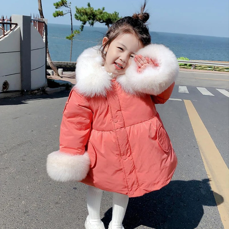 2021 New Girls Winter Coat Faux Fur Collar 2-6 Years Old Kids Snowsuit Thick Warm Fashion Outwear Jackets