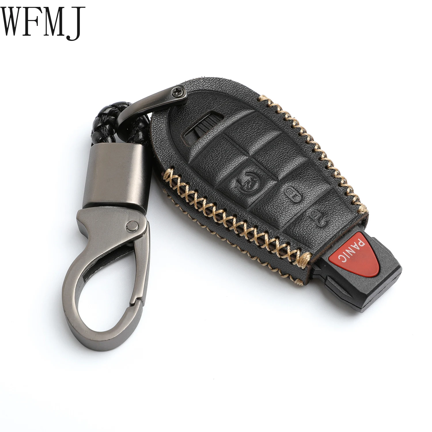 

WFMJ Black Leather for Chrysler 300 Dodge Grand Caravan Journey Magnum Ram Jeep Grand Cherokee 4 Buttons Key Fob Case Cover