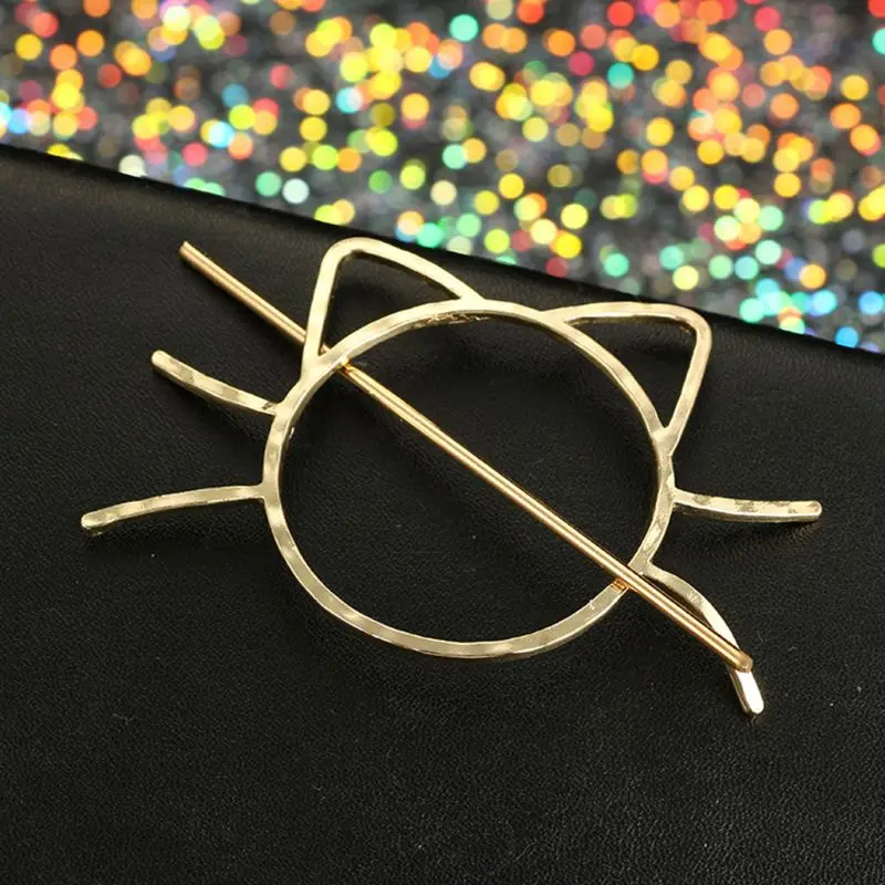 Ladies Geometric Meow Cat Pierced Hair Clip Cute Metallic Slide Comb Hairpin Shawl Pin Brooch Styling Ponytail Holder Bun Maker