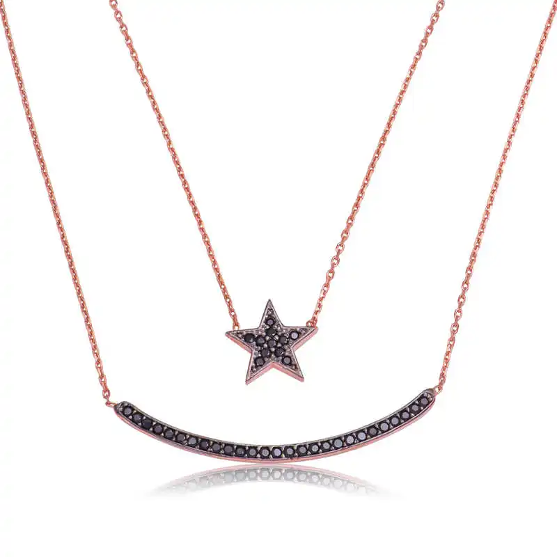 Silver Double Chain Moon Star Women 'S Necklace Stone 925 Sterling Women Fine Jewelry Wedding Party Birthday Gift - Box - Pendant - Chain Choker - Female - Ladies - Fashion