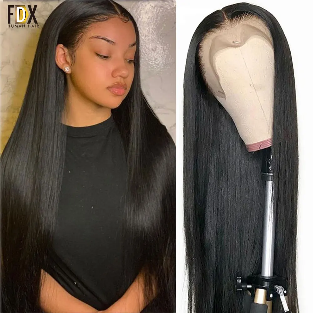 32 40 Inch Straight Lace Front Wig Brazilian 13x4 Lace Frontal pre plucked Bob Wigs For Black Women Human Hair 220 Density