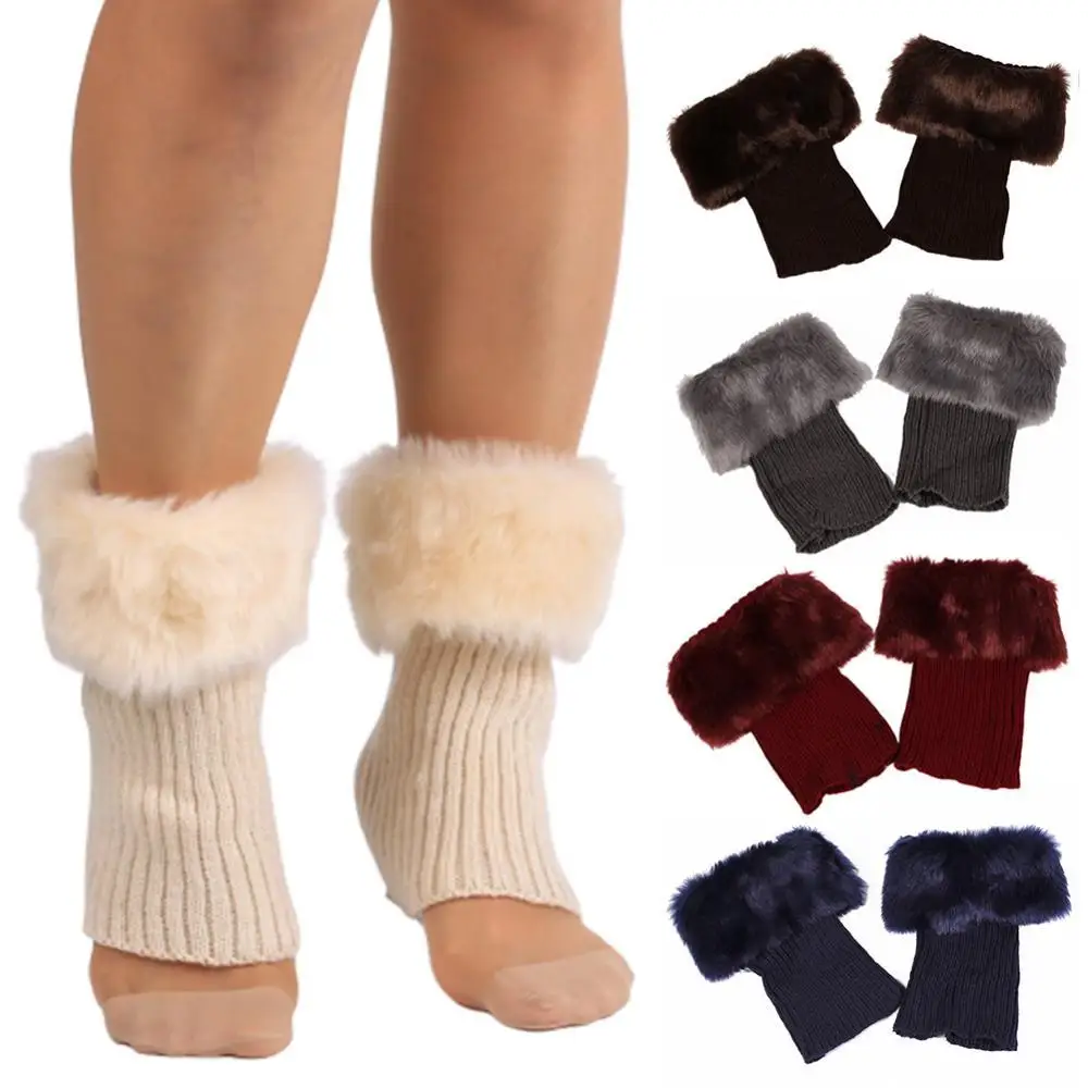 Short Warm Women Solid Color Leg Warmers Faux Fur Winter Cuff Crochet Knit Boots Sock Leg Warmers