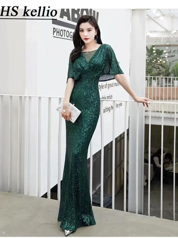 

Prom-Dress Mermaid Sexy Short Sleeve Prom Party Gown Green Sequined Dresses For Engagement