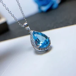 CoLife Jewelry Silver Drop Pendant for Office Woman 8x12mm Natural Blue Topaz Pendant 925 Silver Topaz Jewelry Gift for Wife