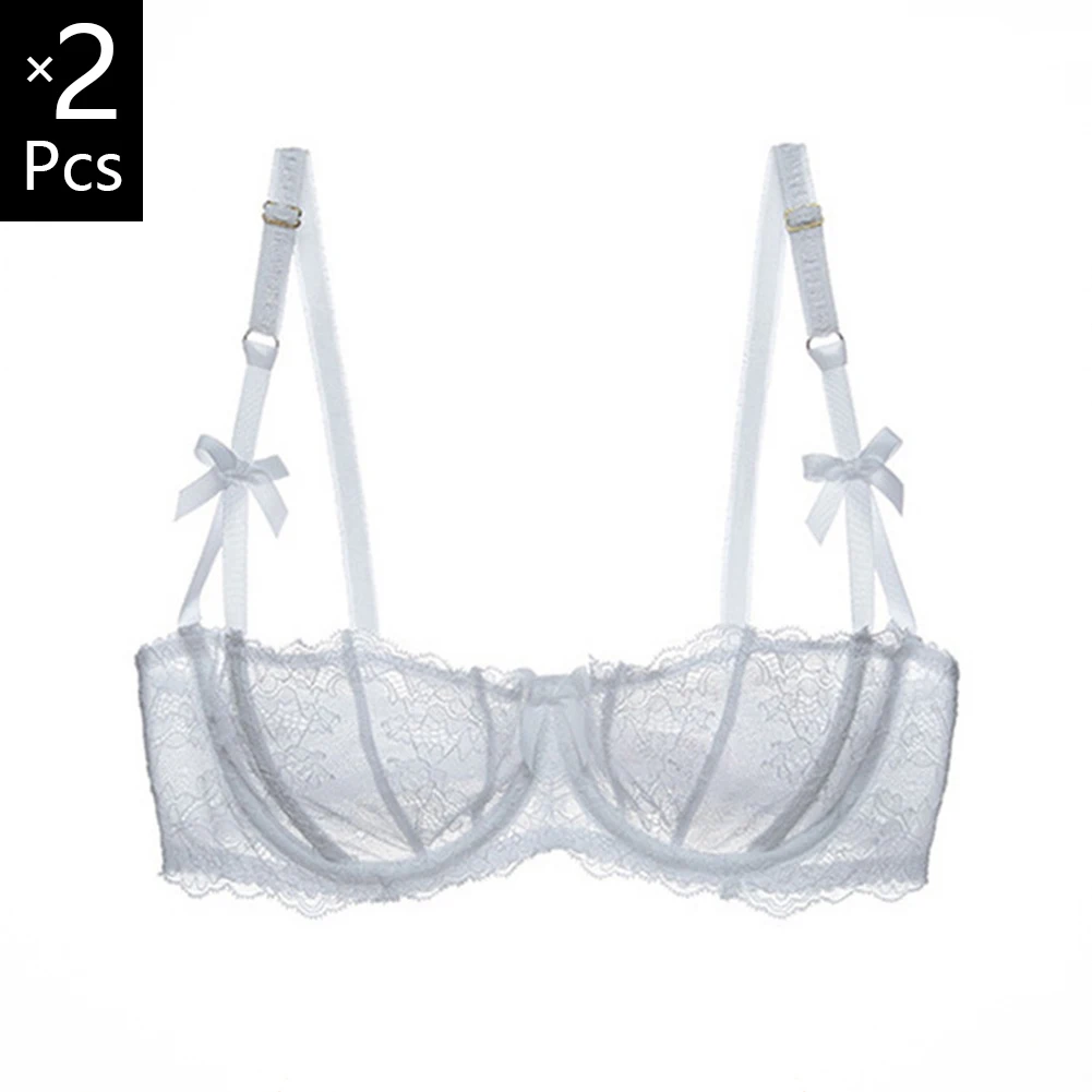 2 Pieces Female Sexy Lingerie Plus Size Half Cup Bras For Women Transparent Underwire Push Up Lace Brassiere Top A B C D E Cup