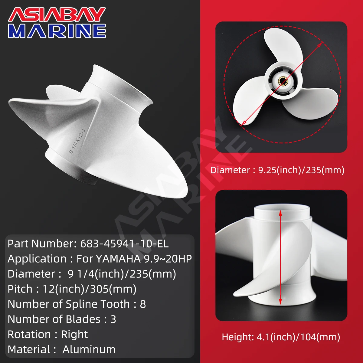 Aluminum Alloy White Screw Propeller for Yamaha 9.9HP 15HP Outboard, 3 Blades, 8 Spline Tooth, 9-1/4x12 , Rotation R ,Boat Parts