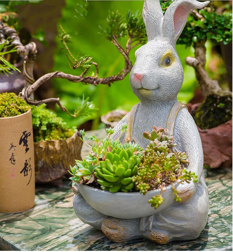 Pastoral Resin Simulation Animal Cute Rabbit Flower Pot Decoration Courtyard Park Furnishing Crafts Outdoor Villa Ornaments Art