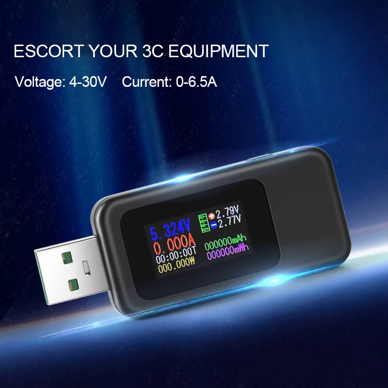 Color Display USB Tester 0-6.5A Current 4-30V Voltage USB Charger Tester Time Display Mobile Power Detector Battery Test