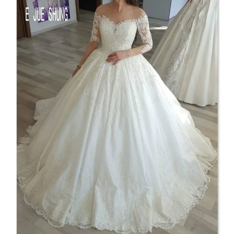 

E JUE SHUNG Modern Sheer Neck Ball Gown Wedding Dresses Long Sleeve Lace Up Back Appliques Bride Bridal Gowns Vestidos De Noiva