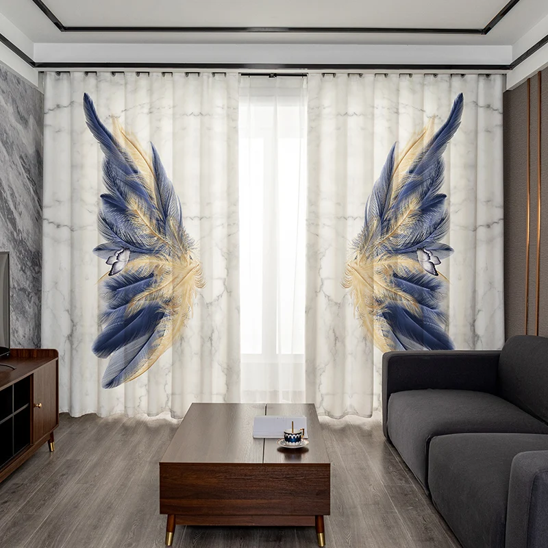 

Northern Europe Style Romantic Fashionable Creative Blue Feather 3D Digital Printing Curtain For Living Room Bedroom