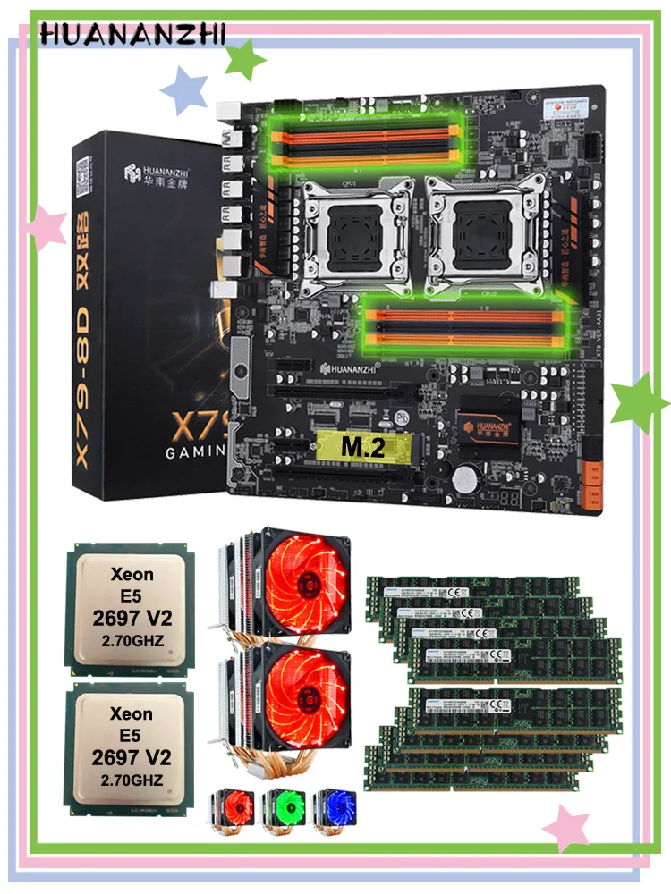

HUANANZHI X79-8D двойной X79 материнская плата с M.2 NVMe SSD с двумя слотами Процессор Ксеон E5 2697 V2 с двумя кулерами Оперативная память 256 г (8*32G) ECC REG