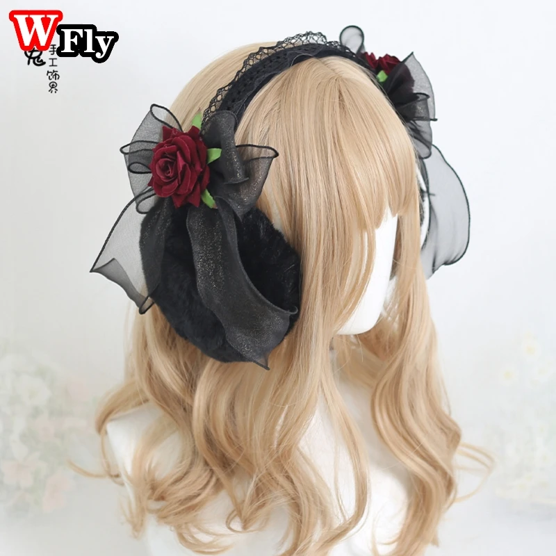 Gothic sweet Lolita Women Girl Lace bow rose Plush winter Warm Earmuffs Foldable Warmer Ear Cover Ear muffs Headband Accessories