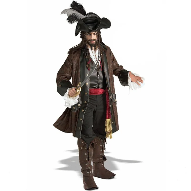 New Adult Mens Halloween Party Pirate Costumes Fancy Cosplay Dresses Outfit With shirt + vest + belt + hat + Pants + Jacke