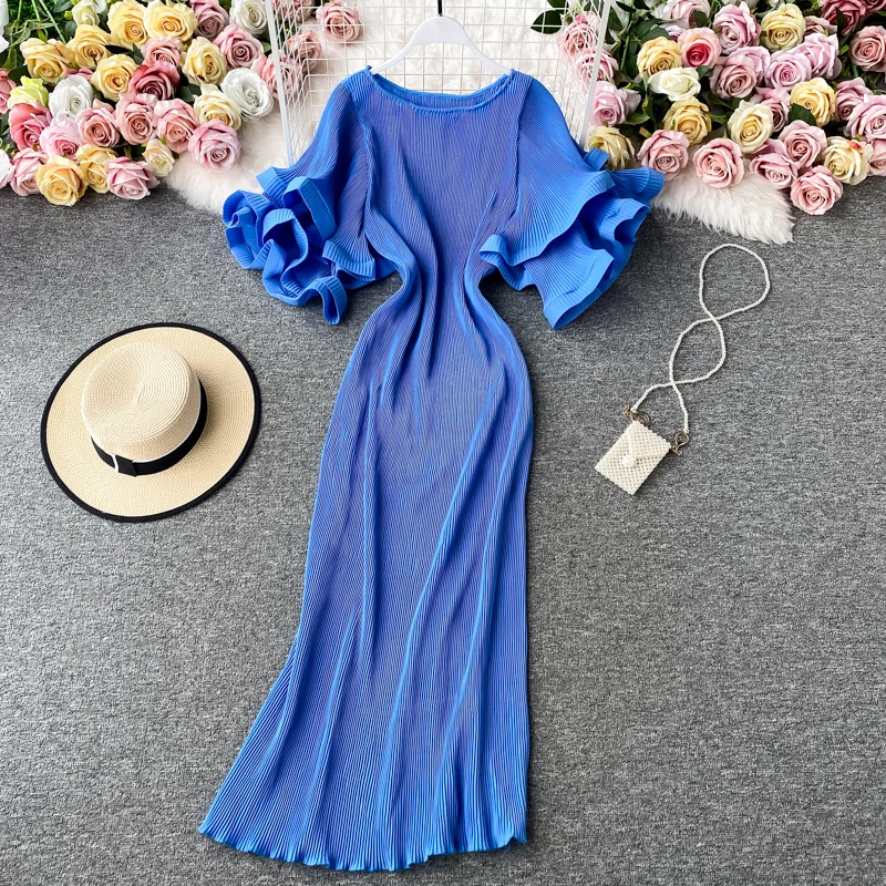 

Women's Spring Summer Runway Fashion Ruffles Sleeve Elastic Pleated Dress Female chicTravel Beach Dress TB1879