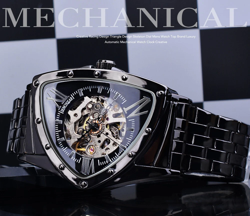 DUNCOUGAR Triangle Skeleton Black Automatic Watch Stainless Steel Men Business Sport Irregular Mechanical Wristwatch