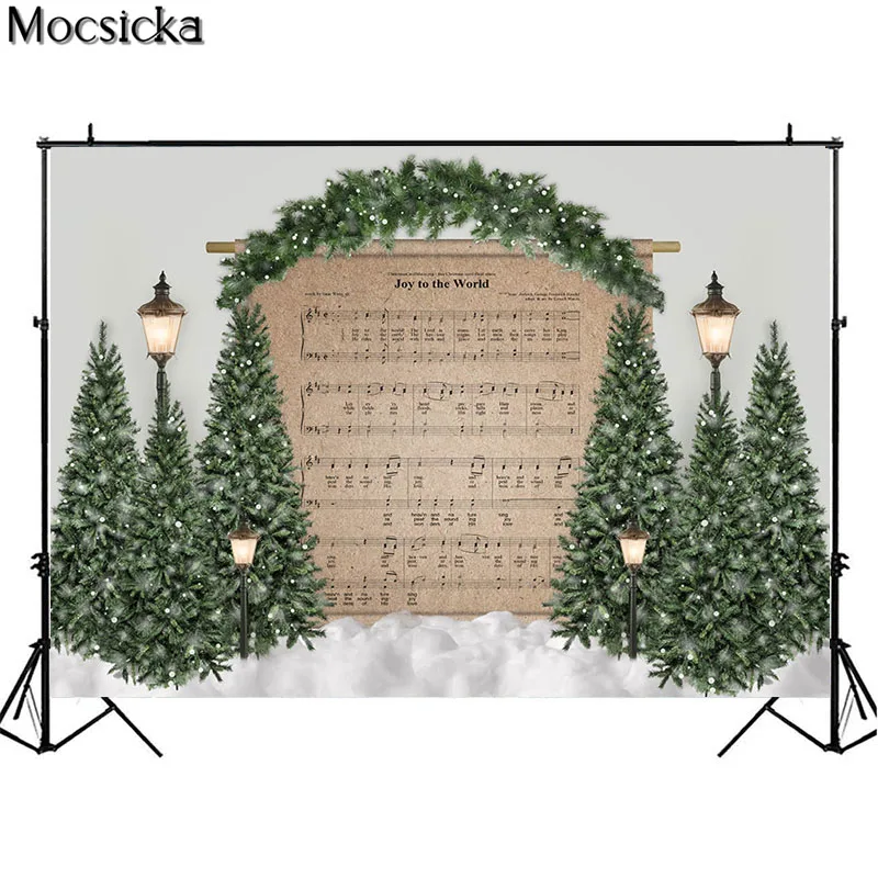 크리스마스 트리 눈 사진 배경 세계 악보 장식 소품 어린이 생일 사진 스튜디오 부스 배경, 즐거움