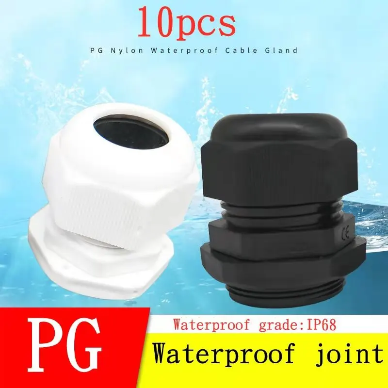 10pcs Waterproof Cable Gland Cable entry IP68 PG7 for 3-6.5mm PG9 PG11 PG13.5 PG16 PG19/21/ White Black Nylon Plastic Connector