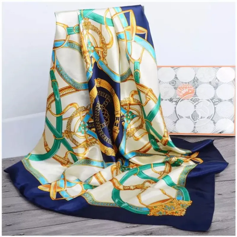 90*90cm Women Silk Scarf Euro Green Square Head Scarves Wraps Luxury Brand Quality Female Foulard Satin Shawls Wraps muffler