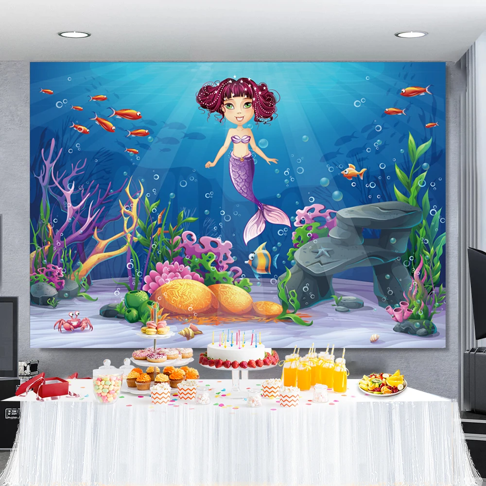 Laeacco Shark Birthday Backdrops For Photography Baby Cartoon Fish Shell Bubble Party Portrait Photo Backgrounds Photo Studio