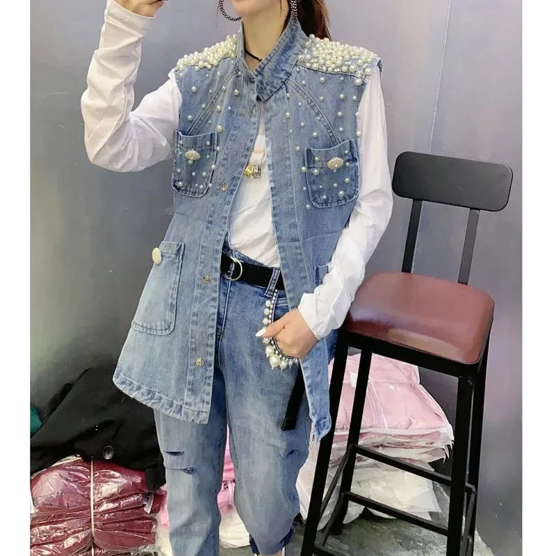 Beaded Denim Vest Jacket Women Korean Fashion Loose Cardigan Gilet Femme Spring Summer Casual Waistcoat Pocket Jeans Chaleco