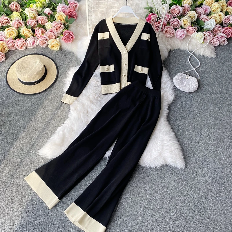 Knitting Sets Women 2021 Spring Autumn Thin Casual Temperament V-Neck Cardigan Sweater+ High Waist Wide Leg Pants Two-Piece Sets