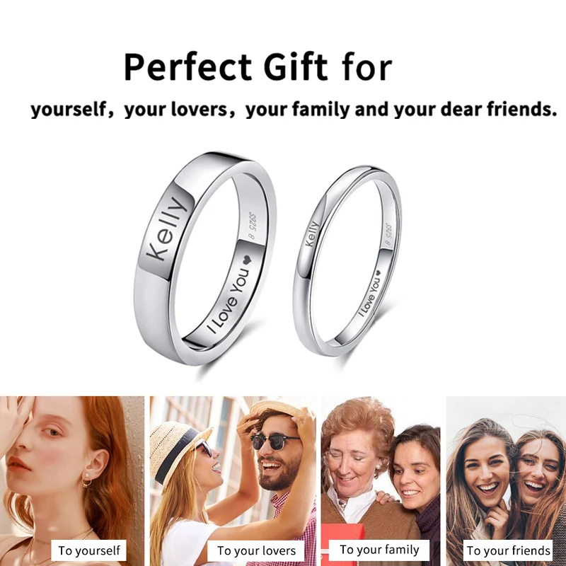 Rinntin 925 Sterling Silver DIY Engraved Couple Rings Lovers Personalized Matching Wedding Bands Anniversary Fine Jewelry Gifts